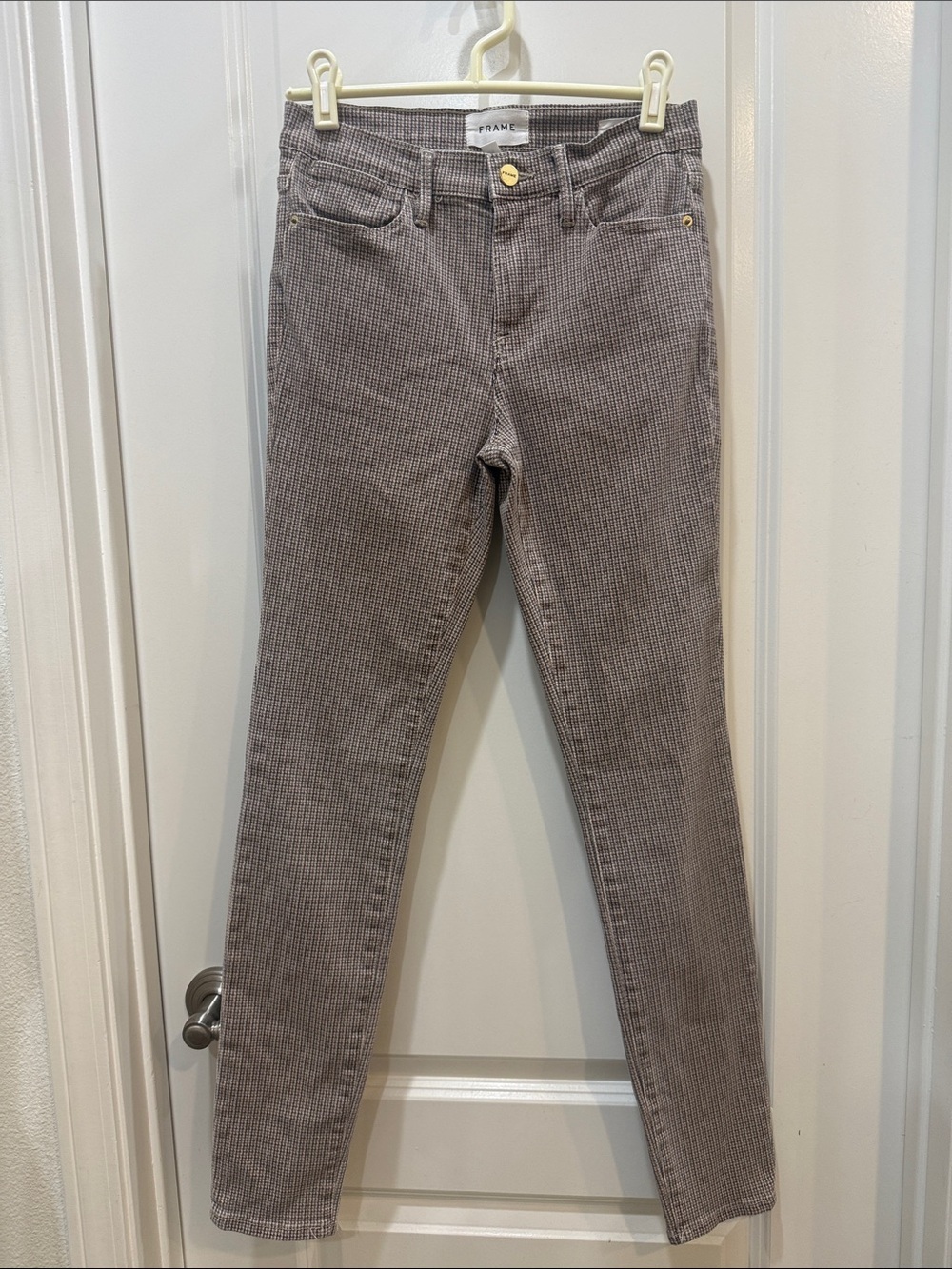 Frame Denim Houndstooth Slim Jeans in Brown and Taupe